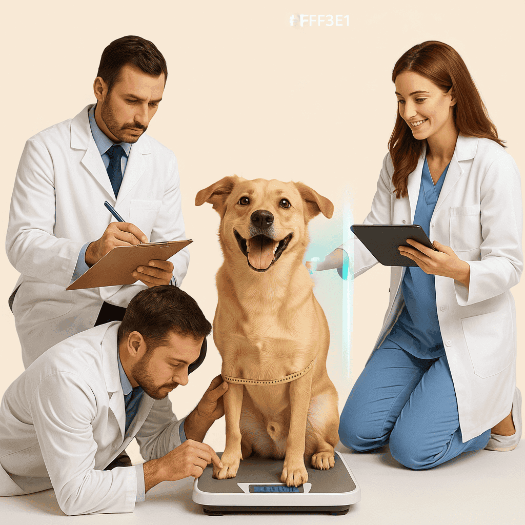 Veterinary team with a dog on a scale